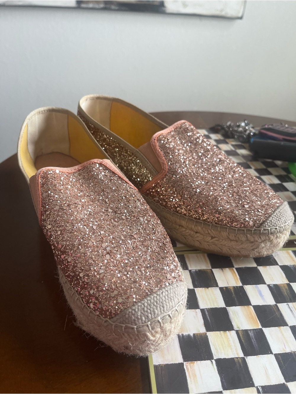 Vidorreta Women’s Glitter Espadrille Slip-On Flats in Rose Gold